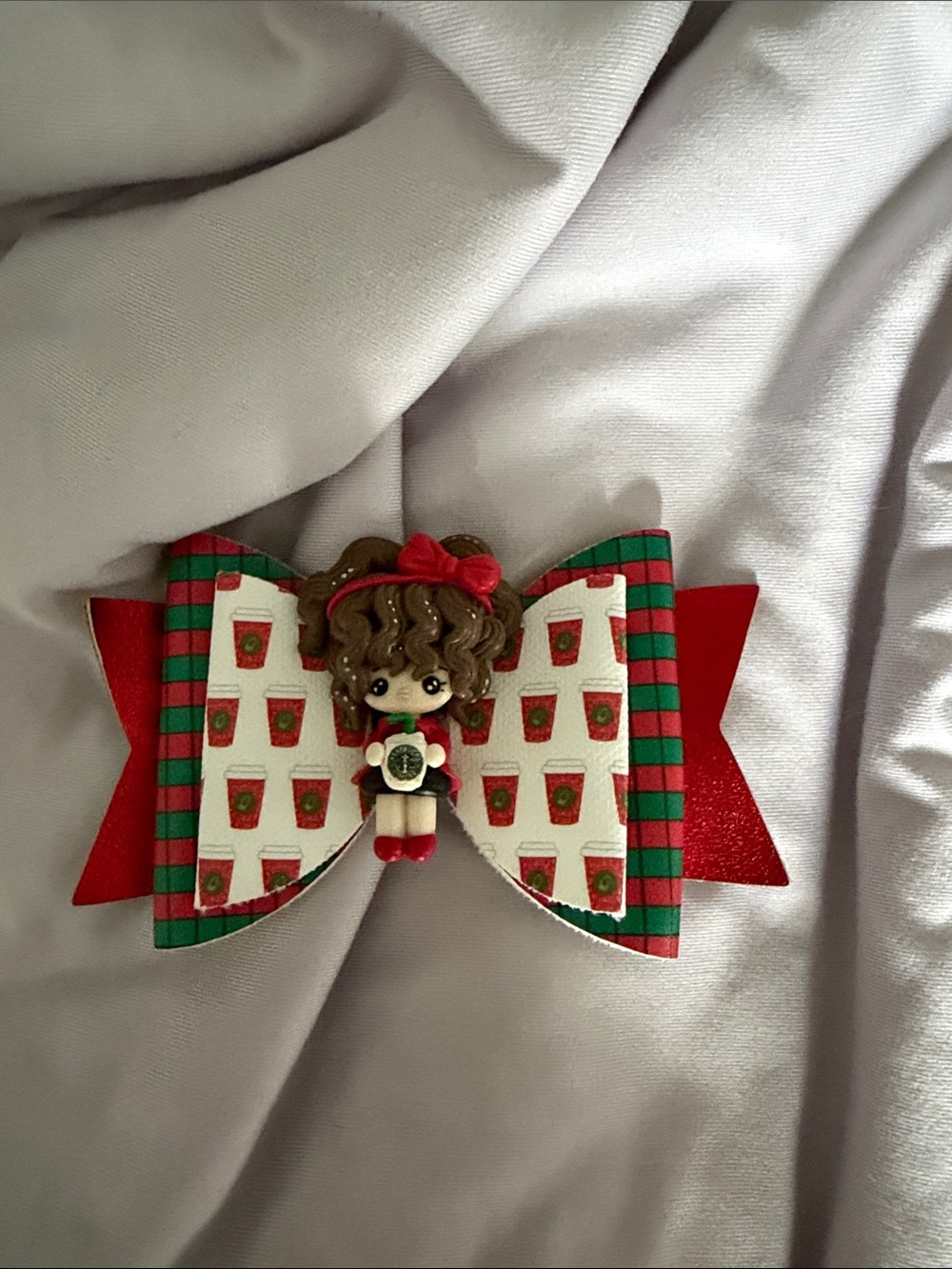 Cute Holiday Bow Hair Clip with Festive Girl Charm - Red & Green